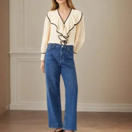 

Autumn New V-Neck Women's Shirt Retro Loose Contrasting Pleated Ruffle Top