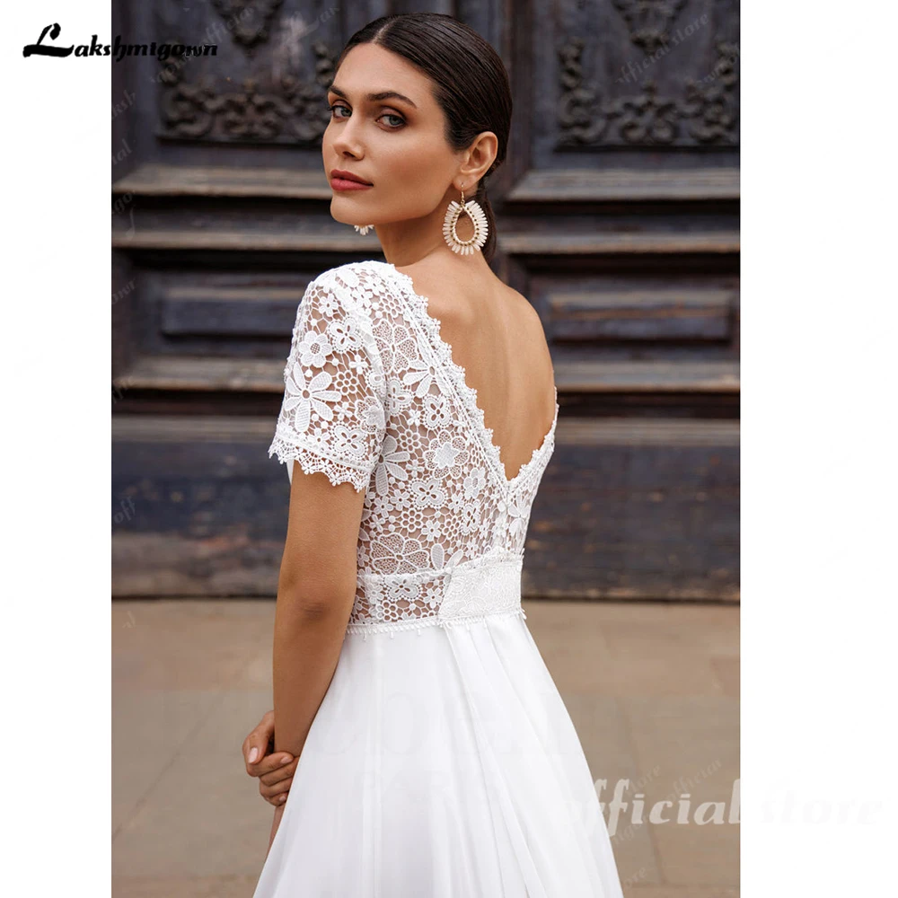 Lakshmigown Bohemian A-Linie Hochzeitskleider Chiffon Brautkleider Brautrobe Applikationen Kurze Ärmel Vestidos De N Maßanfertigung – Detail 7