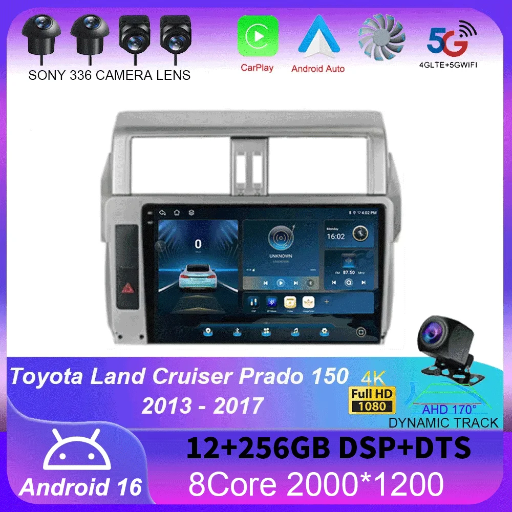 Android 16 For Toyota Land Cruiser Prado 150 2013 - 2017 Car Radio Multimedia Navigation Cooling Fan Screen Android Auto