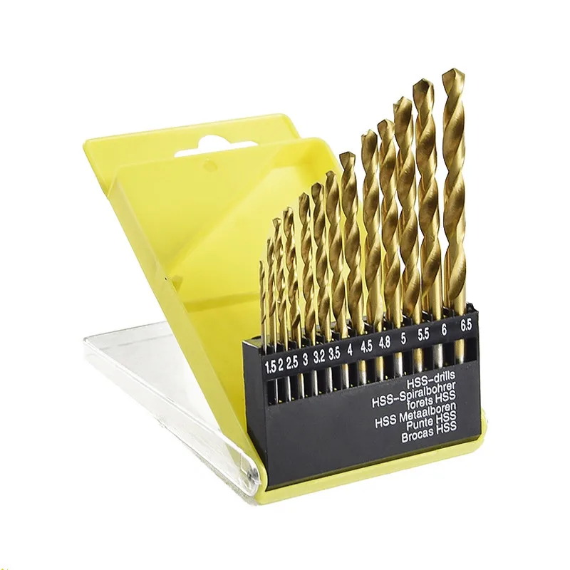 

13pc 1.5-6.5mm Round Shank Twist Drill Bit Set Titanium Coated Hole Cutter High Speed Steel Gun Drill Bit Woodworking Metal Tool