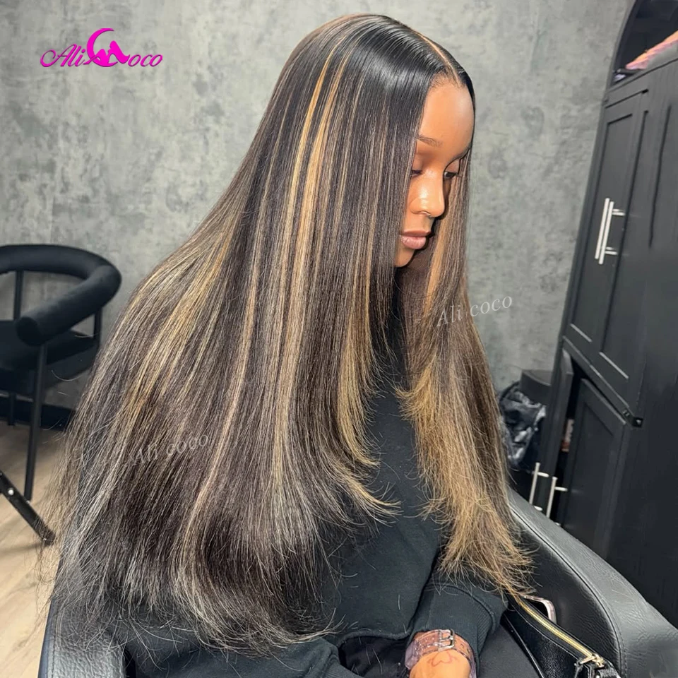 

Straight 32 Inches Highlights Blonde Lace Closure 1B/27 180 Density Human Hair Wig Transparent Lace Front Wigs Pre Plucked 13X6