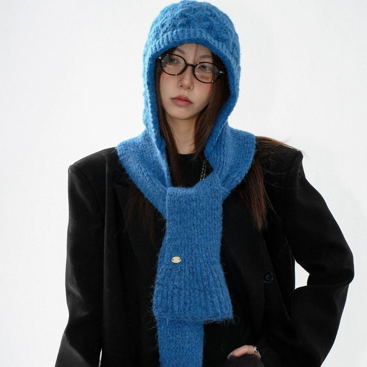 Autumn Winter Retro Solid Color Knitted Hat Scarf Integrated Women Cycling Skiing Versatile Warm Ear Protection Headband Cap