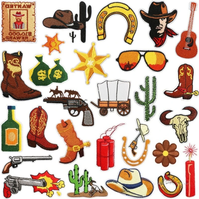 

Men's Western Denim Embroidery Cloth Sticker Pistol Patch Sticker Horse Bull Head Computer Embroidery Label Cactus Ironing