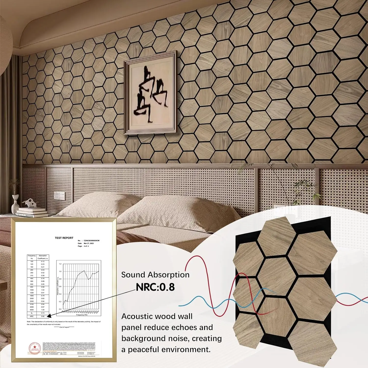 4 Paneles Acústicos Hexagonales de Madera - Chapa de Nogal Natural, 23.8"x29" Cada Uno