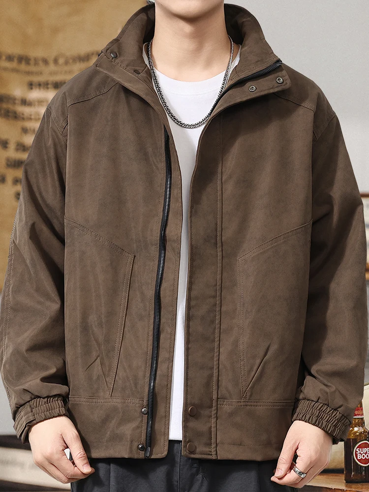 

Повседневное мужское джинсовое осенне-весеннее модное жесткое рабочее пальто, свободное мотоциклетное кожаное пальто кофейного цвета для мужчин