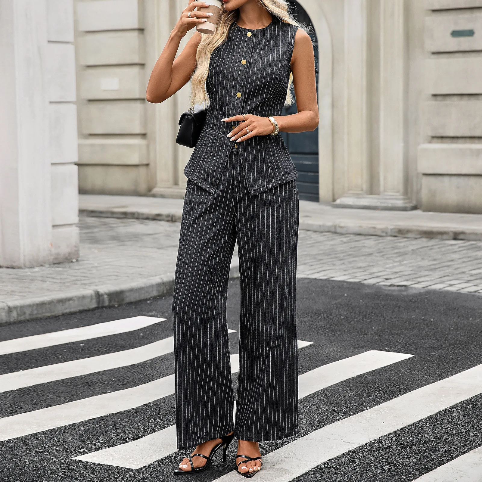 스트라이프 워시드 데님 세트 여성용 O넥 슬릿 데님 베스트 가디건+와이드 레그 진 2025 신상 유럽 스타일 여성 2피스 의상