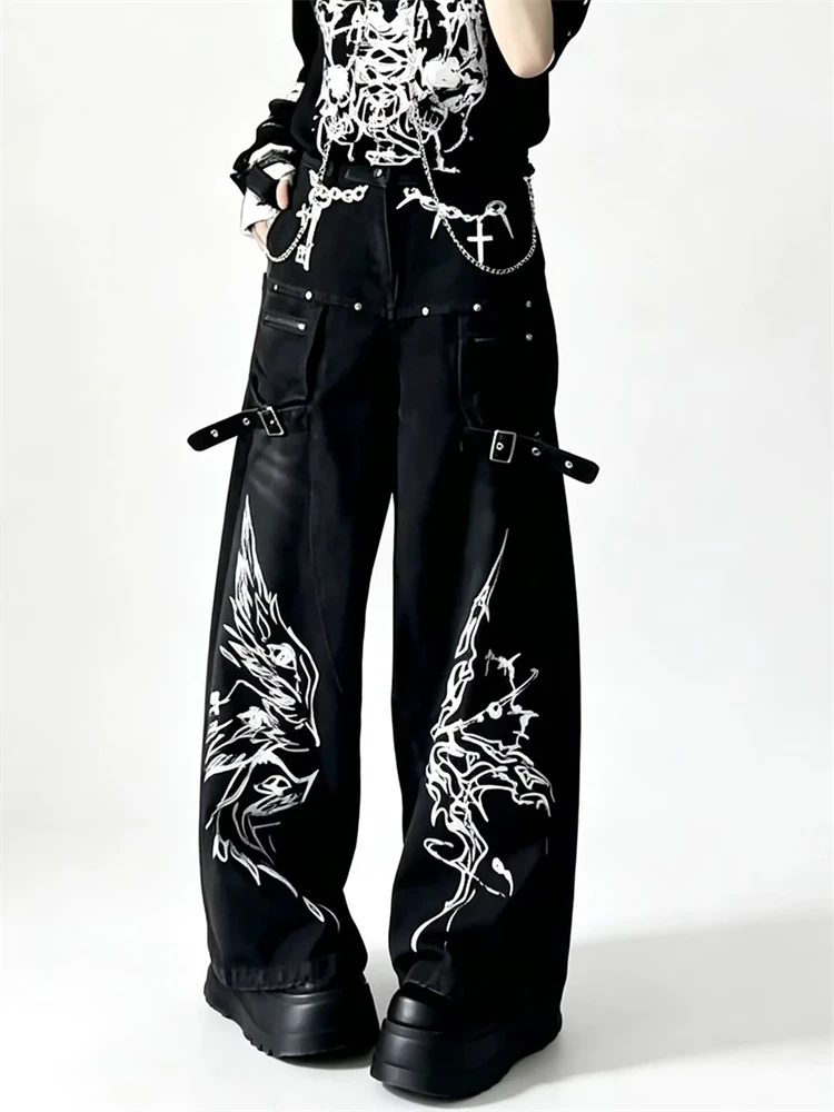 Women's Punk Style Printed Casual Pants Unisex High Waisted Sweatpants Retro Bottoms Female Wide Leg Trousers Women Clothing