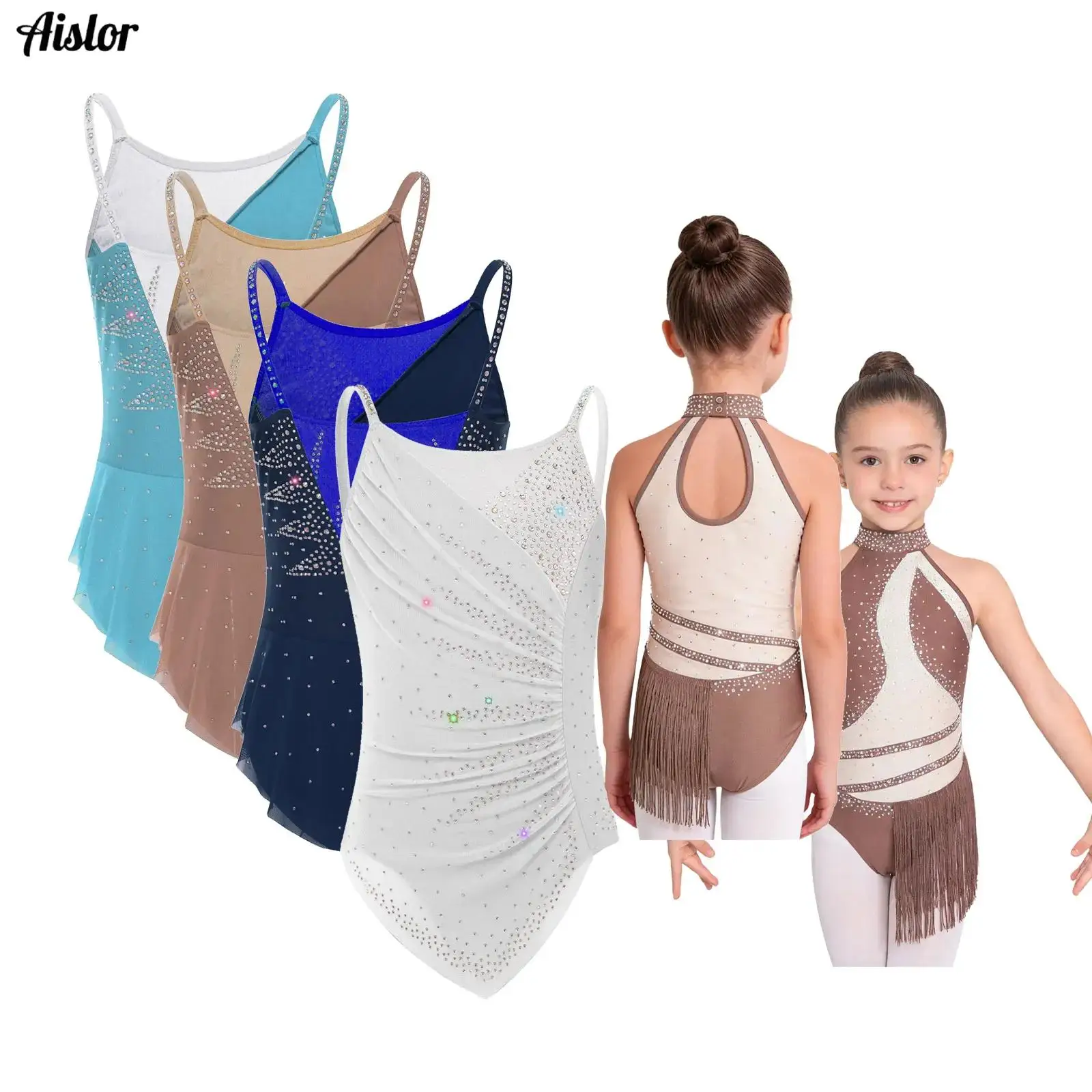 Kids Girls Fringed Latin Dance Leotard Glittery Rhinestones Color Block Tassel Bodysuit for Figure Skating Ballet Gymnastics