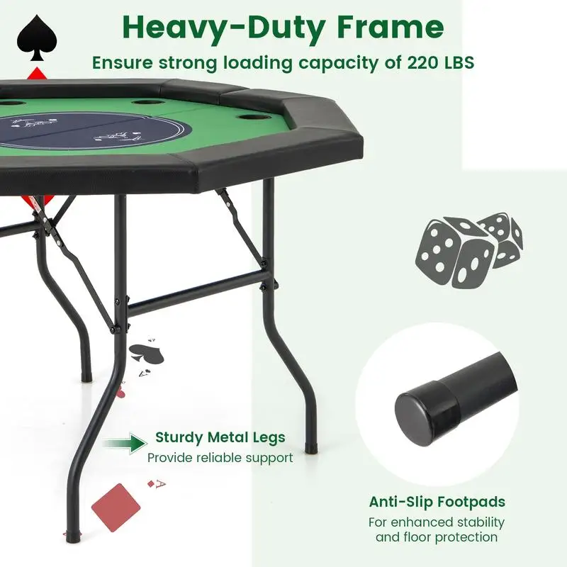 

48 Inches Foldable Poker Table with Padded Rails and Cup Holders-Green