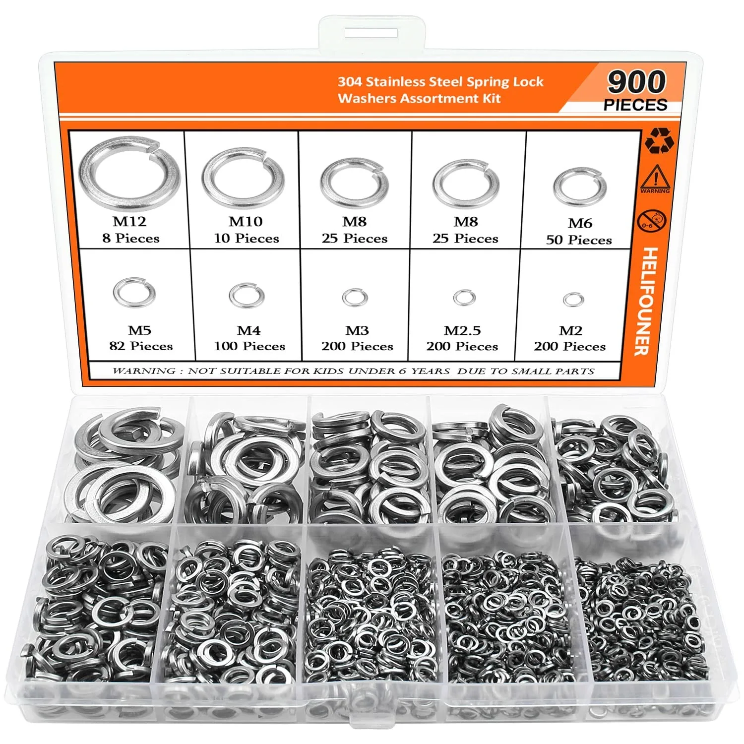 304 Stainless Steel Spring Lock Washers Assortment 900Pcs Multi Specification Combo Box Set