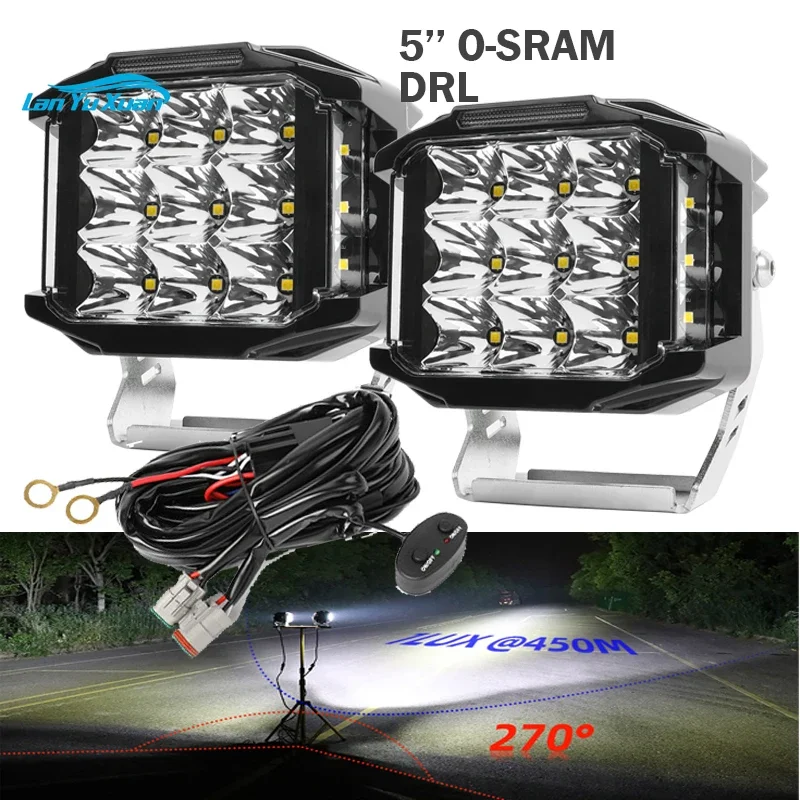 5 Inch 450M IP68 IP69K 4WD Off-Road 12V 24V Truck 4x4 DRL Bumper Driving Spot Off Road Light with DT Wire Harness