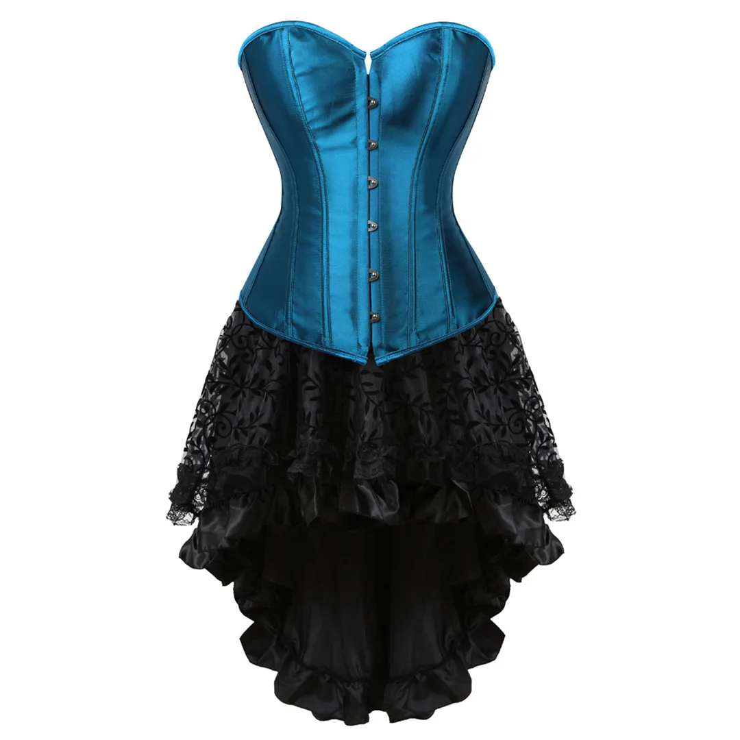 Gotico Sexy raso Overbust corsetto Bustier Lingerie Top e gonna asimmetrica in pizzo floreale Plus Size donna Vintage corsetto Dress