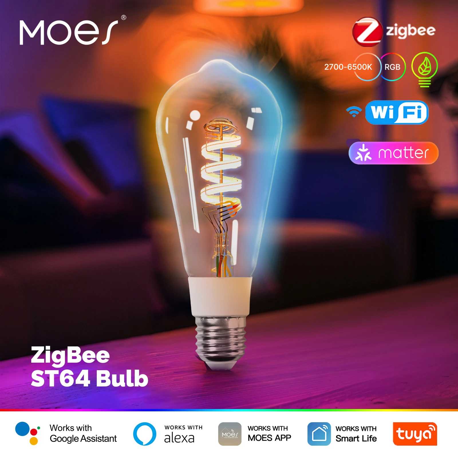 MOES Tuya WiFi/Zigbee/Matter Smart ST64 LED Bulb Biological Rhythm RGB Colors Music Scene Mode Smart Linkage Wireless Control