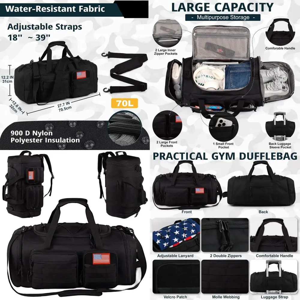 

70L Large 3-in-1 Sports Duffel Bag for Men - Water-Resistant, with Shoe Compartment, Ideal for Travel and Weekend Trips