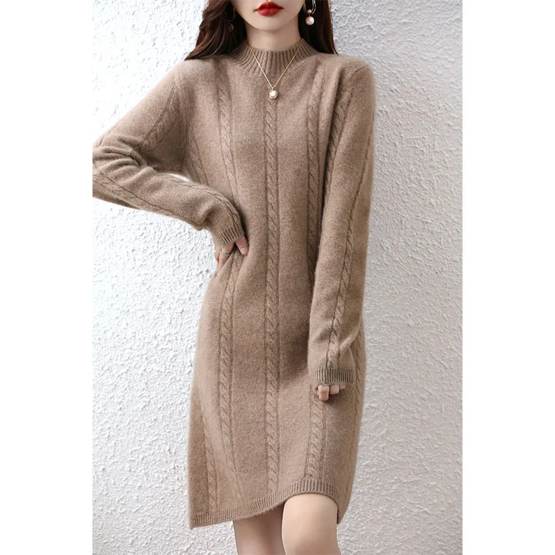 Autumn Winter Women\'s 100% Merino Wool Dress Solid Color Knitted O Neck Long Sleeve Warm Pullover