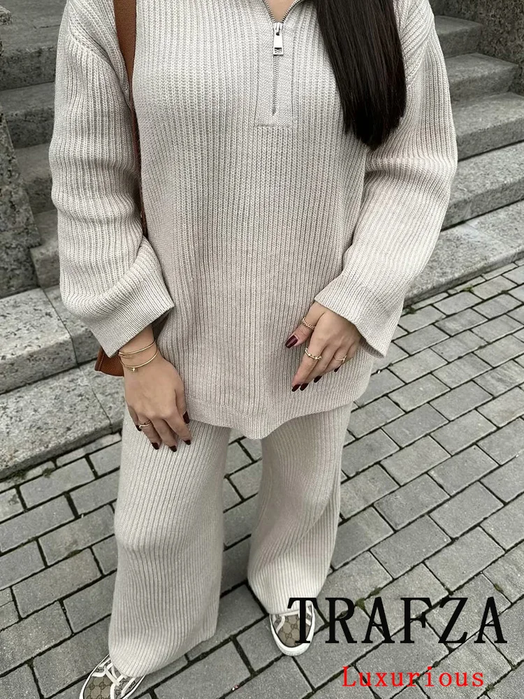 TRAFZA Vintage Casual Chic Solid Women Knitted Suit Long Sleeve V Neck Sweater Loose Straight Pants Fashion 2024 Suits