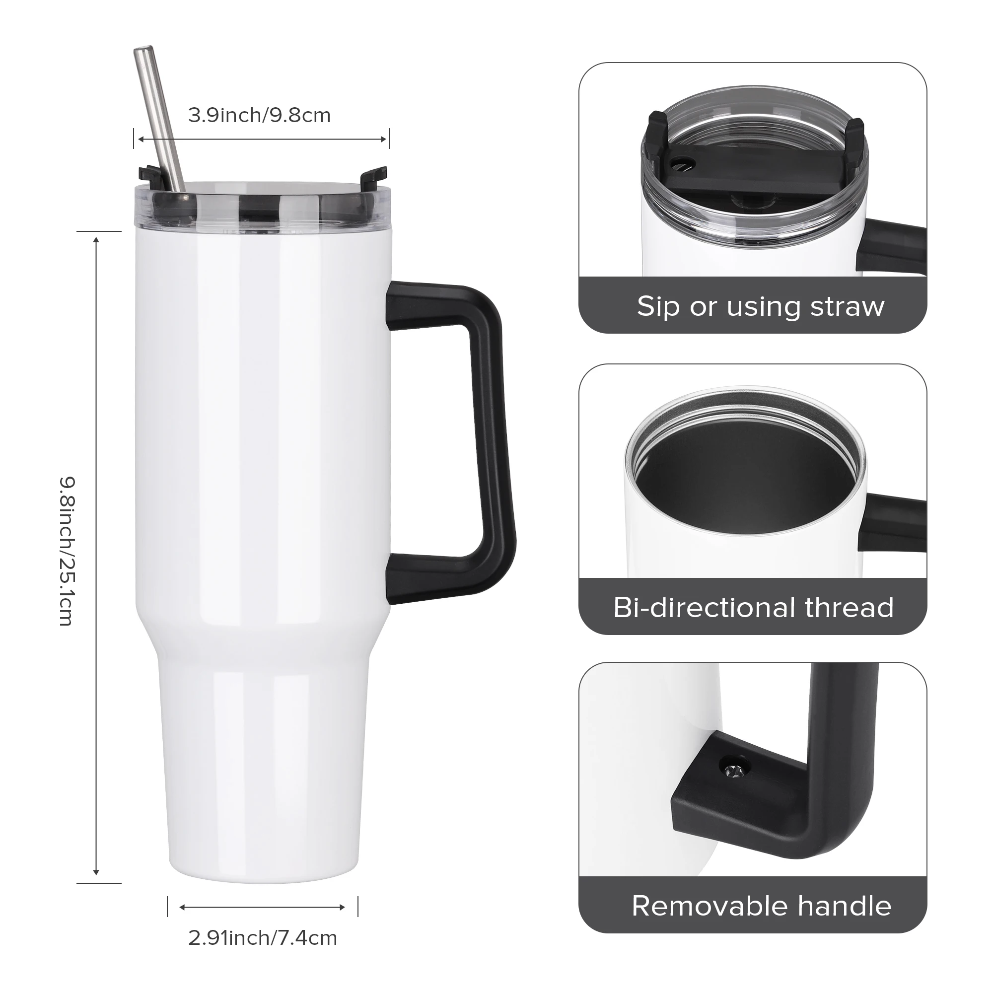 20pcs40OZ sublimation roller straw with handle cover, stainless steel water bottle vacuum insulated travel hot coffee cup