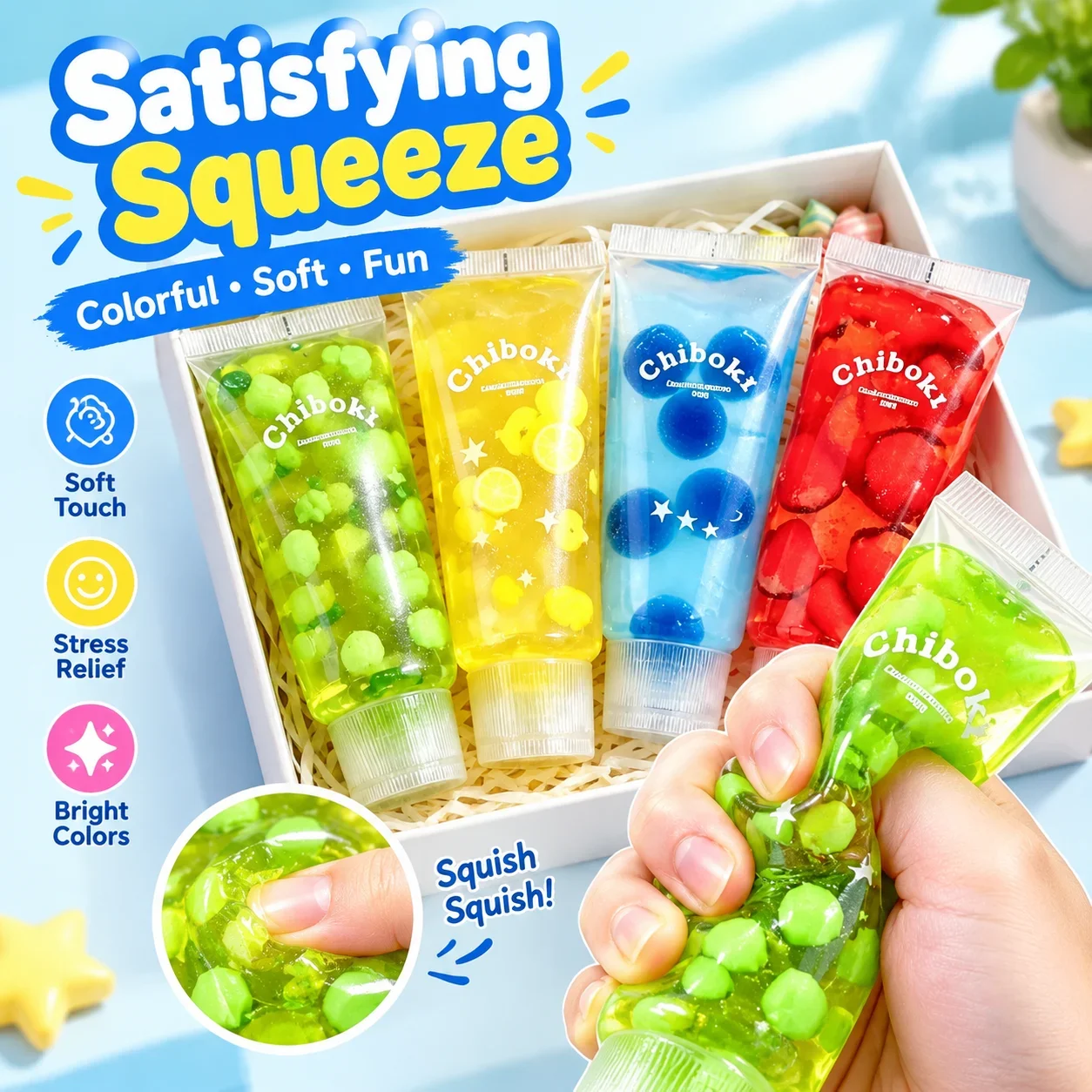 Cross Border New Chiboki Toothpaste Squishy Toy Stress Relief Slow Rising Fruit Star Maltose Decompression Fidget Toy for Kids