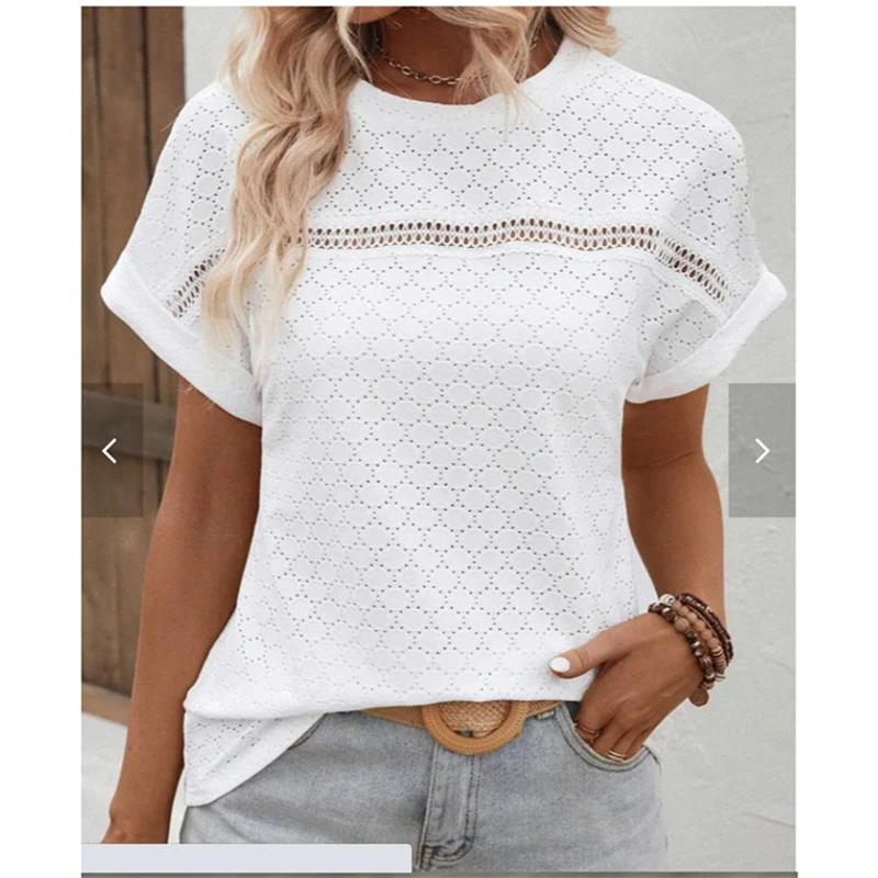 Women Sexy Hollow Out Lace Patchwork Blouses Summer Trendy Simple Casual White Shirts Round Neck Short Sleeve Loose Tops Blusas