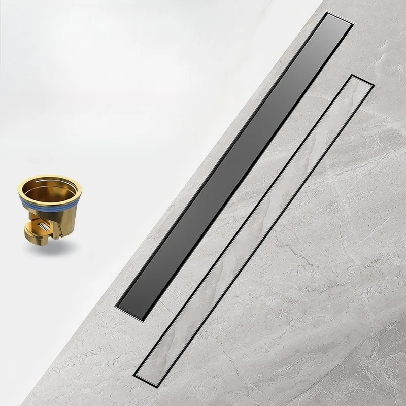 

Gun Gray Rectangular 304 Stainless Steel High Displacement Bathroom Shower Room Long Invisible Odor Proof Floor Drain