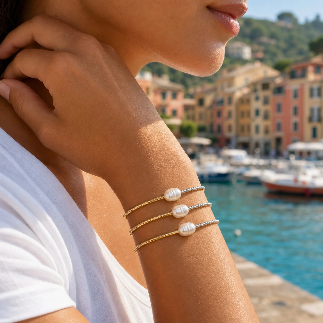 3pcs Round Glass Bead Copper Beaded Bracelet for Women Minimalist Gold Silver Tone Stackable Bracelet Vacation Jewelry