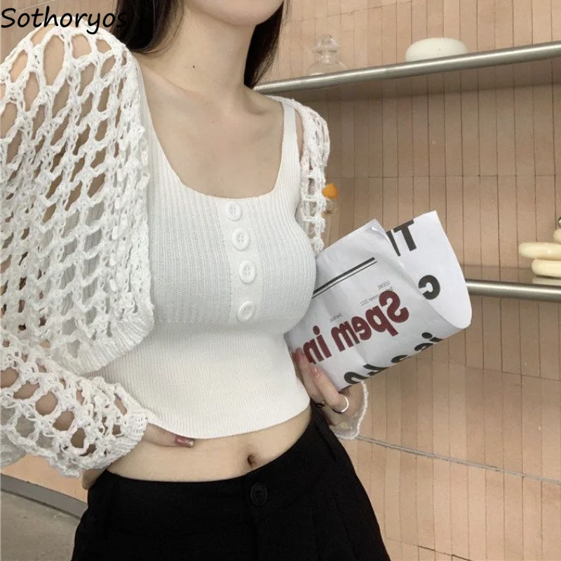 Camisole Sets Women Hollow Out Special Seductive Simple Solid Ladies Korean Style Leisure Popular Classics Elegant Lovely New