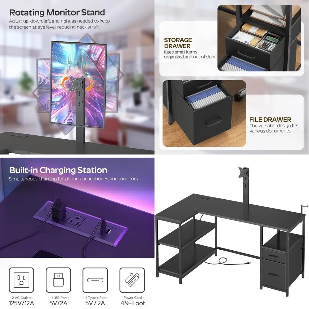 

L-Shaped Adjustable Monitor Stand Gaming Desk with Power Outlets and Storage Hooks for Home Office, Living Room - Black