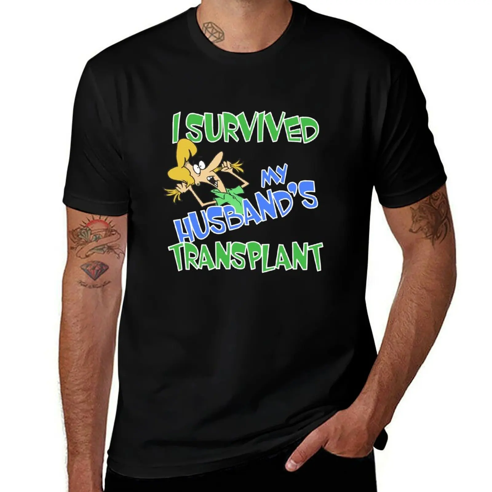 I Survived My Husband's Transplant Cartoon Wife T-Shirt t shirts for man pack cotton T-Shirt