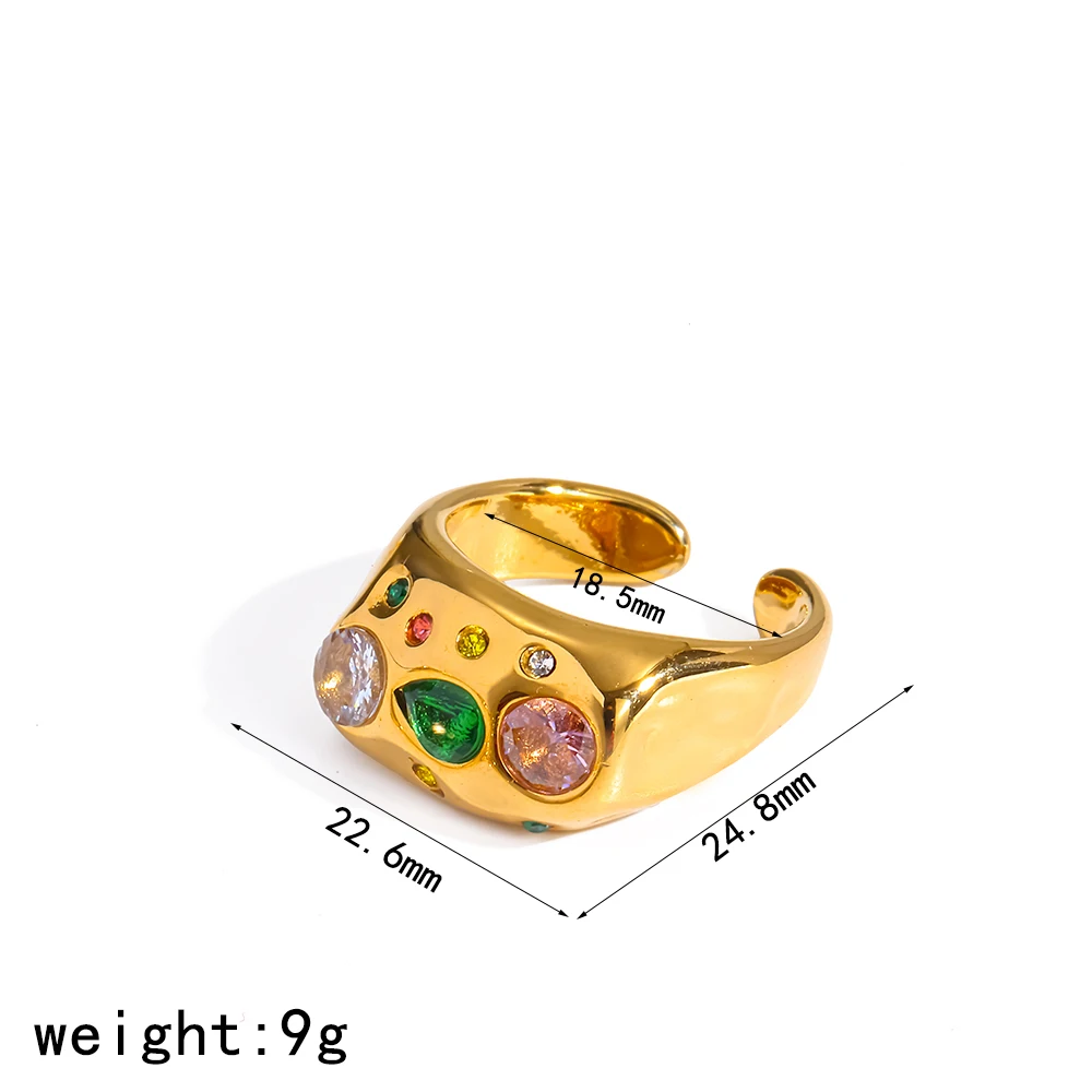 TD Fashion Offener Ring aus Edelstahl mit farbigem Zirkon-Einleger, 18K vergoldet, geometrisch, wasserdicht – Detail 7