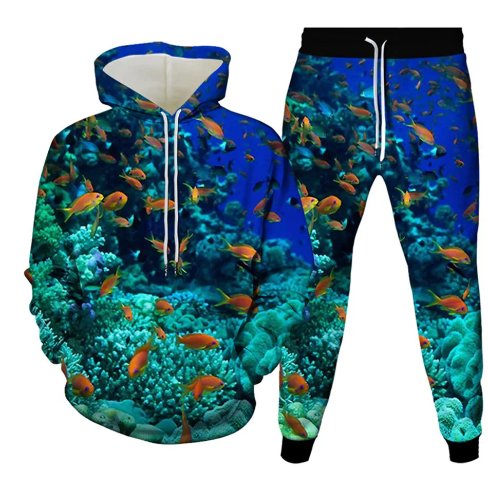 Vis 3D Gedrukt Hoodie Pak Herfst Mannen Sweatshirts Hoodies Joggingbroek Casual Mode Tweedelige Trainingspak Set Man Kleding
