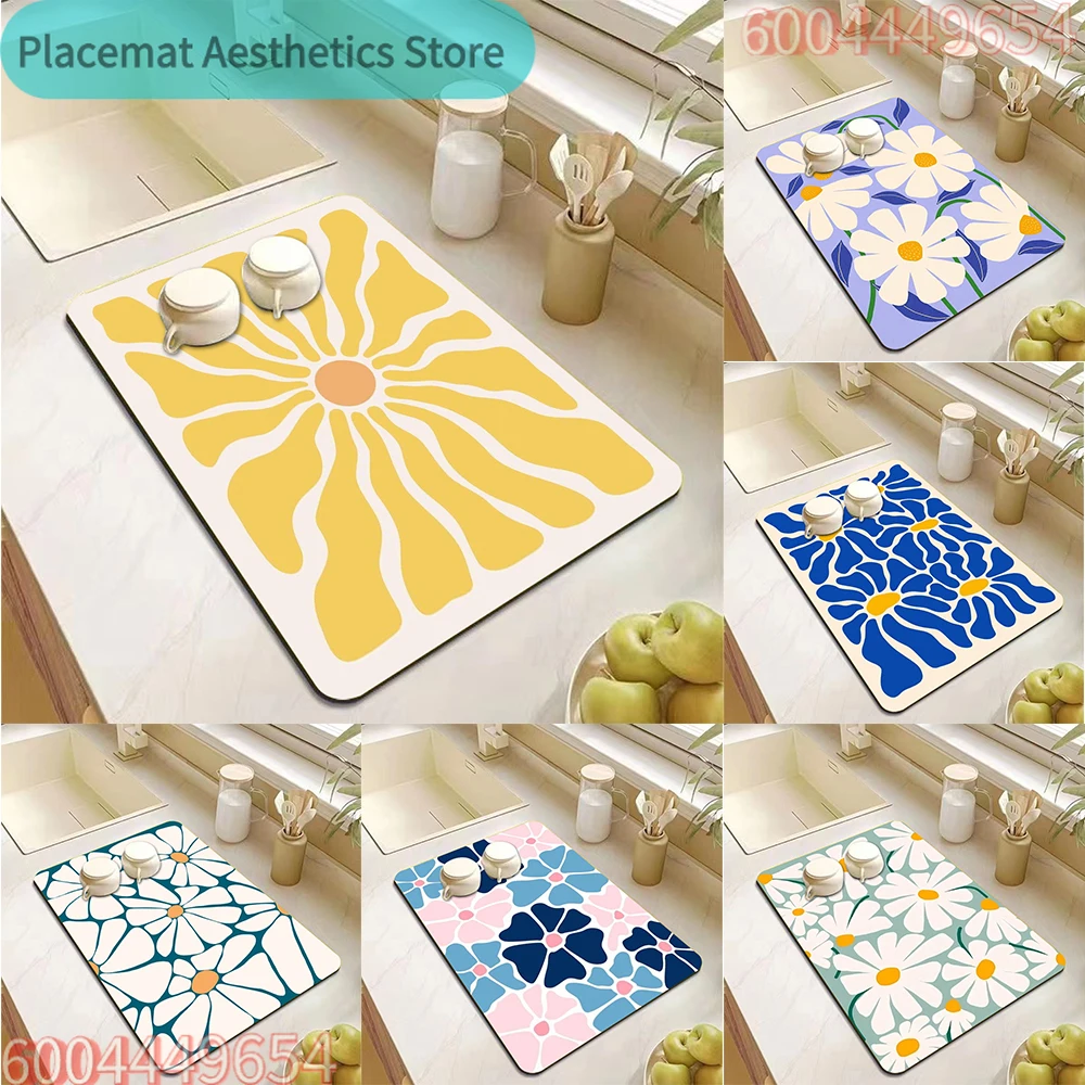 Abstrakte Blumenkunst, saugfähige Abtropfmatte, Küchenmatten, Geschirrtrocknungsmatte, rutschfeste Tischsets, Küchenbedarf, Dekoration