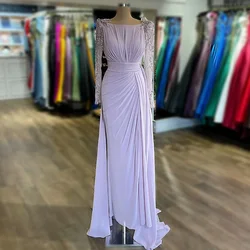 Lilac Mother of the Bride/Groom Dresses Long Sleeves Beaded Luxury Women's Wedding Guest Gowns Scoop Split Formal Evening Dress