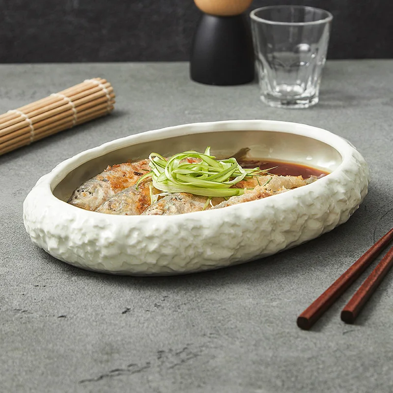 Beige Glazed Rock Patterned Ceramic Soup Plates, Tableware, Oval Fish Plates, Seafood and Sashimi Feast Plates, Kitchen Utensils