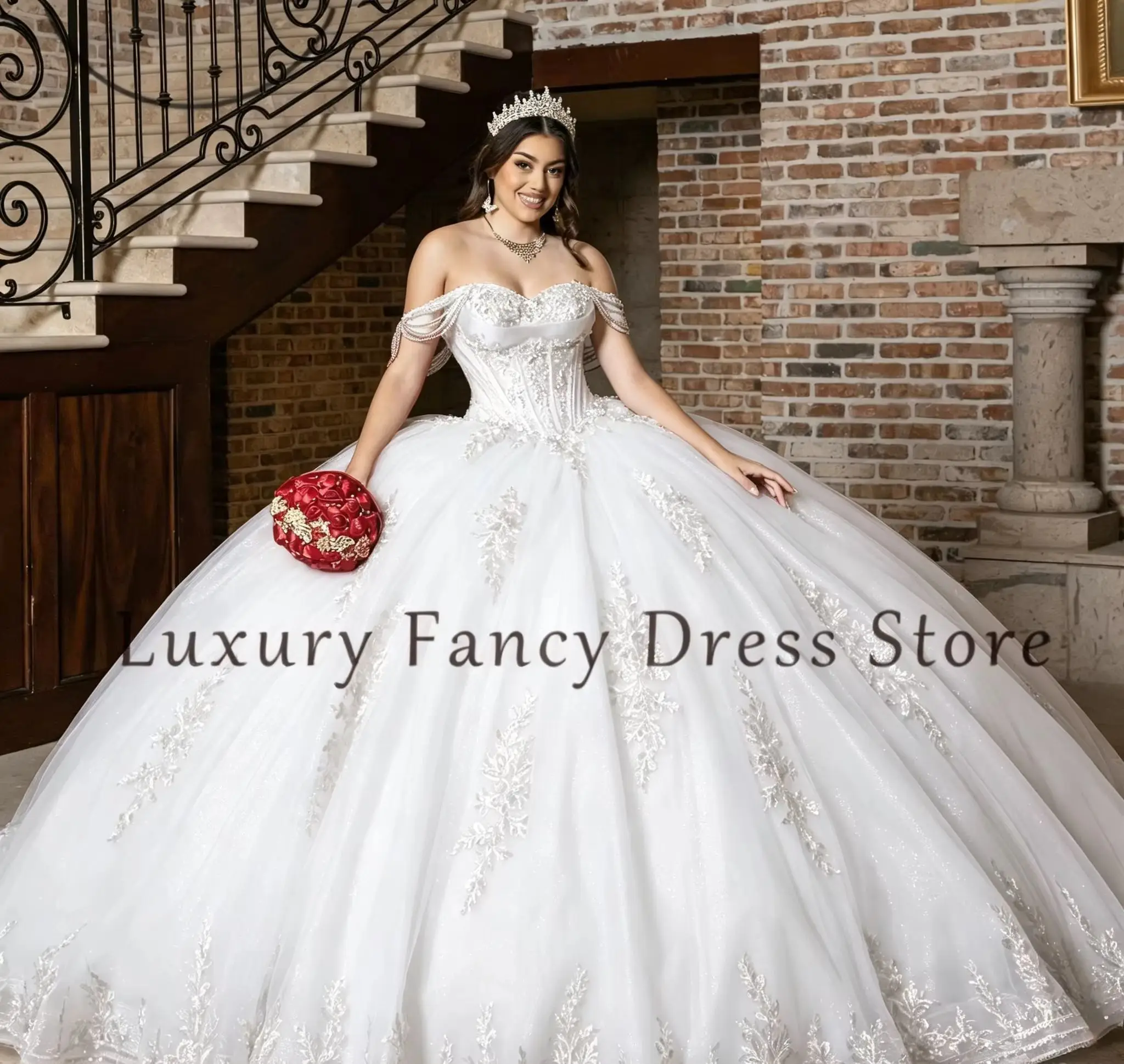 Vestidos de Quinceañera con Apliques Brillantes, Vestido de Gala Largo con Hombros Descubiertos y Gran Lazo, Personalizado, 16 Vestidos de XV Años