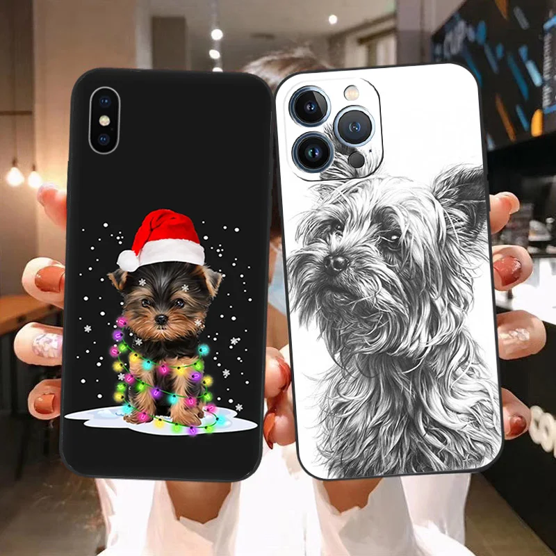 Soft Phone Cases For iPhone 15Pro 14 13 Pro Max 12 11 Mini 7 8 15 Plus SE XS X XR Luxury Yorkshire Terrier Dog Black Matte Cover