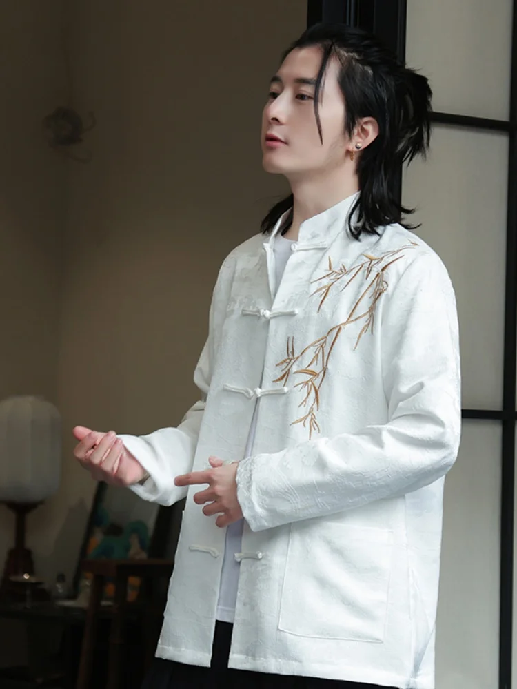 

Мужская весенняя куртка-жакет в новом китайском стиле с вышивкой, на пуговицах, свободного кроя, с длинными рукавами, ветрозащитная, молодежная, популярная верхняя одежда