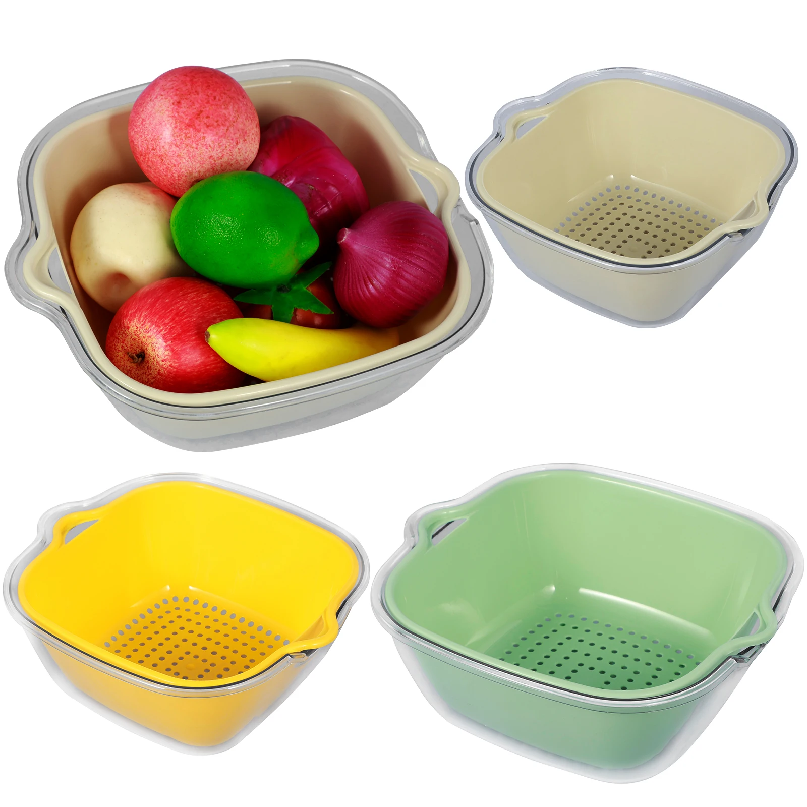 8Pcs Kitchen Colanders Bowl Set 4 Sizes Double Layered Fruit Strainer Bowl Set Large Capacity Fruit Washing Basket Reusable