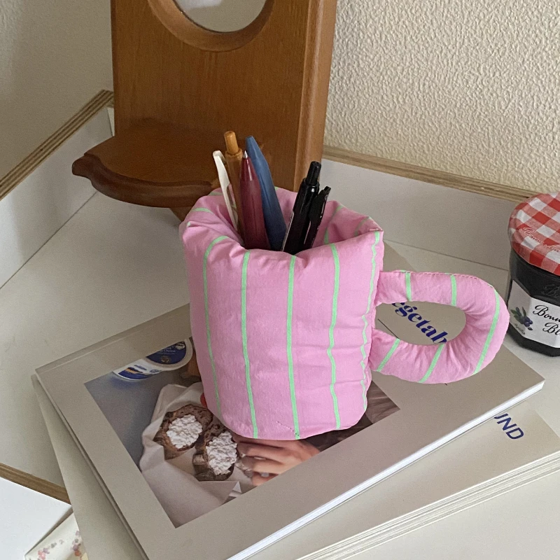 Korean Imported Fabric Fluorescent Stripes Desktop Storage Pen Holder Pink Contrasting Color