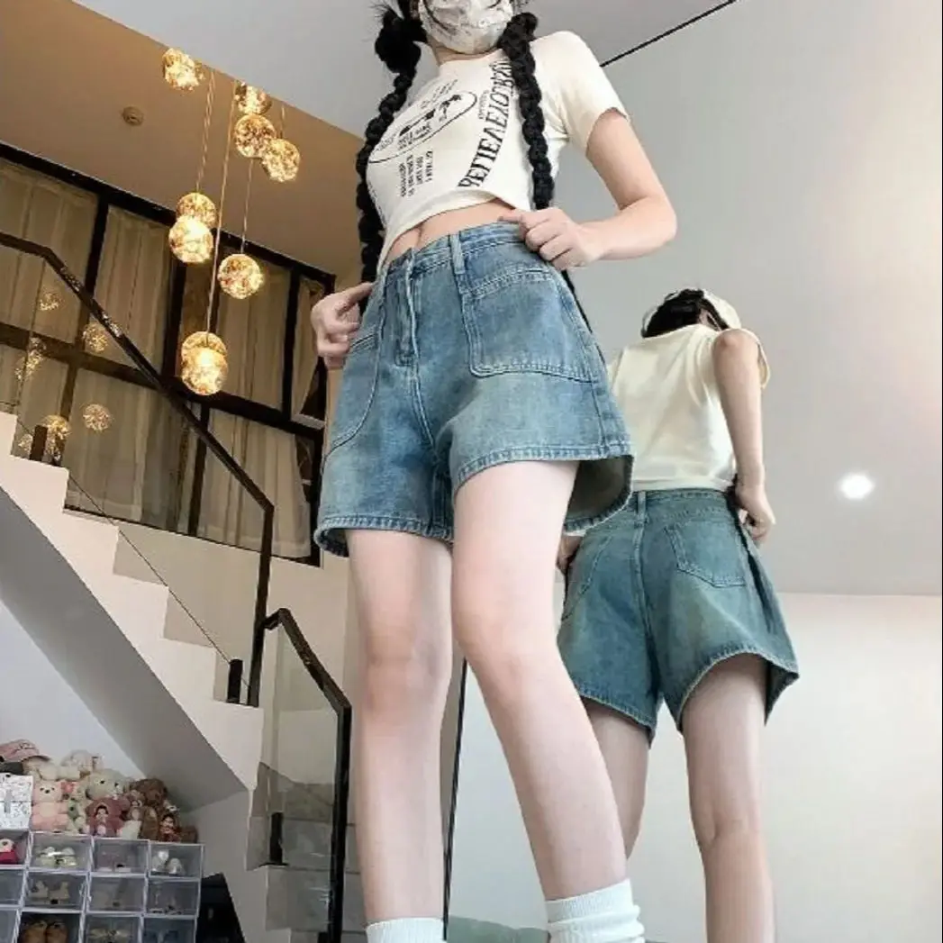 Light Color Retro A-Line Wide-Leg Denim Shorts Women Summer New Niche Design Thin High Waist Slim Loose Pants