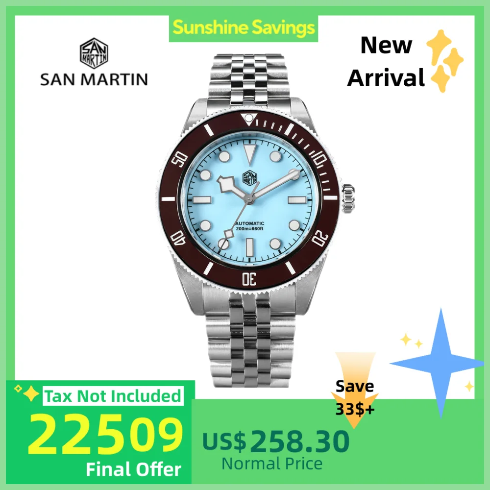 

San Martin 40mm Jubilee NH35 Automatic Watch Men Enamel Blue Dial Brown Bezel Luxury Snowflake BGW-X1 Sapphire Dive SN0128-4