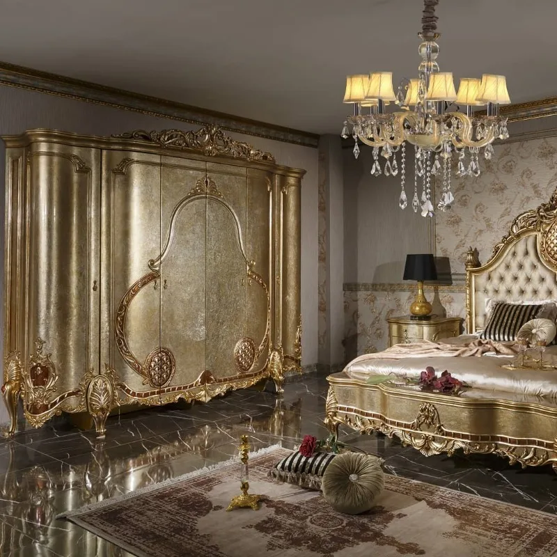 champagne Gold Royal Italian European Antique Classical Style Wood Carved king Size Bed Frame Solid Wood Luxury Bedroom Sets