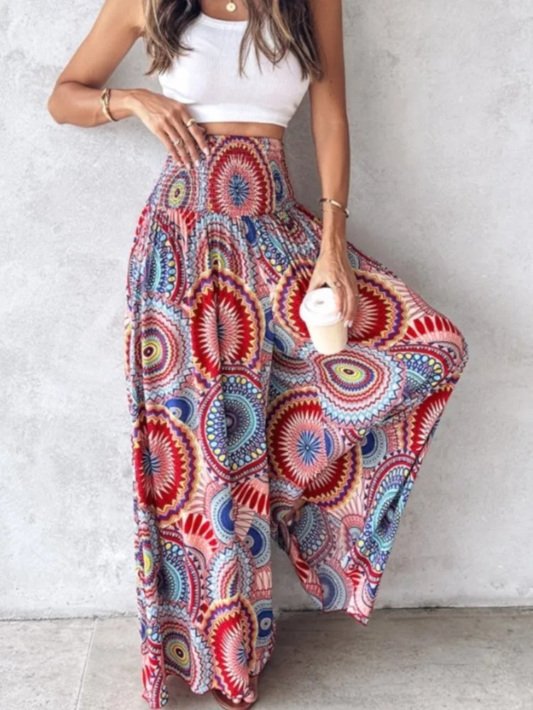 

Loose High Waist Elegant Trousers Summer Holiday Beach Women's Clothing Boho Print Pant Women Wide Leg Long Pants Casual Floral
