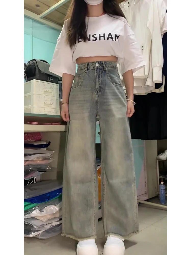 Jean droit à taille haute et jambes larges, couleur jaune ciment, pour femmes, automne-hiver, coupe ample, pantalon tendance, vintage, style américain