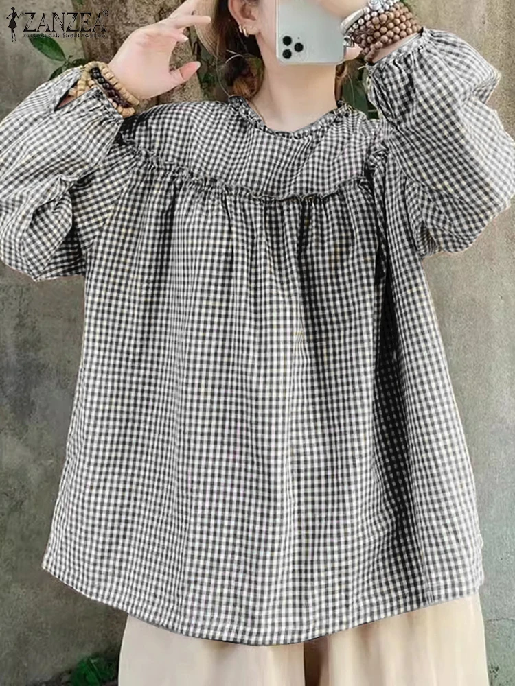 Fashion Plaid Printed Blouse ZANZEA Summer Autumn Women Blouses Long Sleeve Tops Tee Oversized Ruffles Blusas Tunic Streetwear