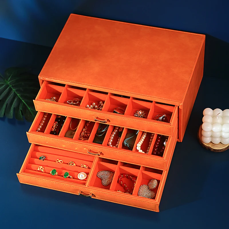 PU Jewelry Organizer with 3 Drawers Jewelry Storage Collection Box for Earring Ring Necklace Watch