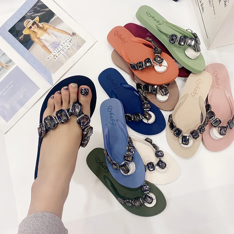 Fashion Women Summer sexy Slippers Grey Rhinestones Decoration Sandals Outside Non-Slip Slides Flip Flop Casual Shoes Female