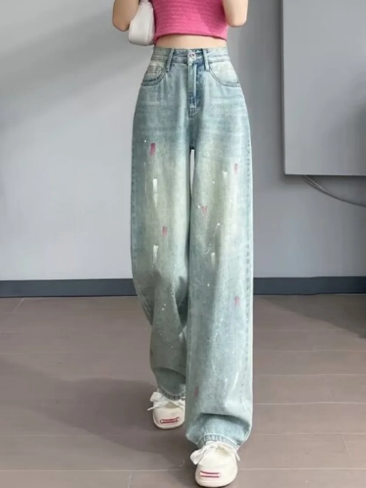 

Широкие джинсы с высокой талией в американском стиле ретро, женские свободные прямые длинные брюки, весна-осень, новые повседневные модные брюки