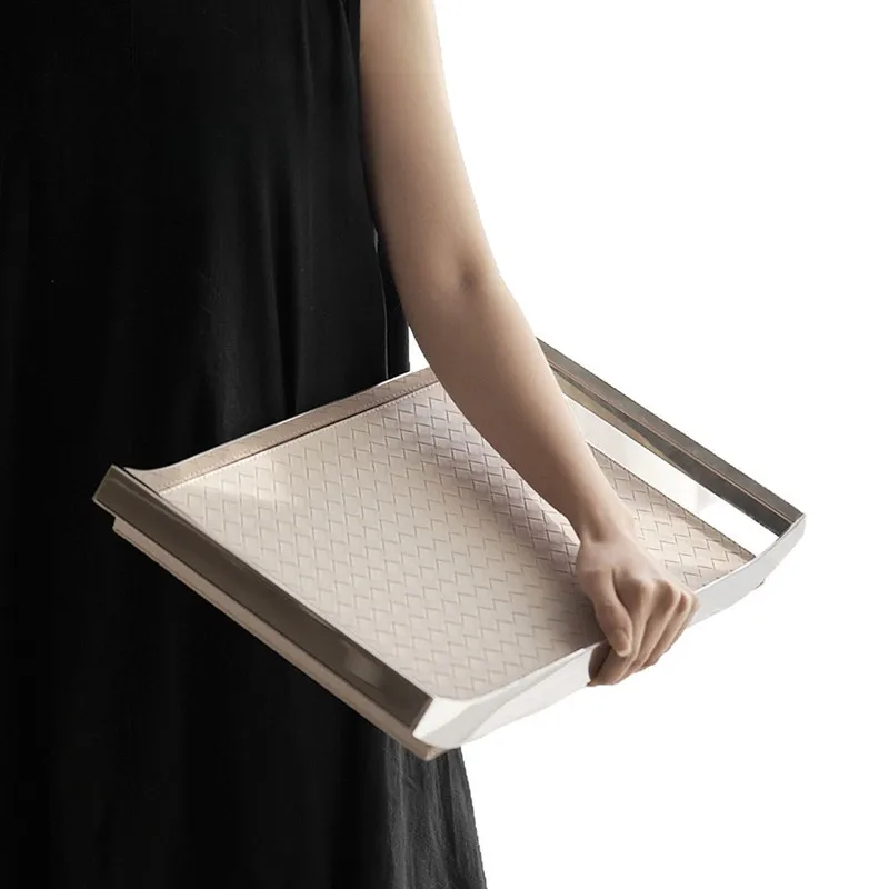 

Rectangular Metal Storage Tray with Handle, Stainless Steel Decorative Leather Tray, Fruit Tray, Desktop Storage Container