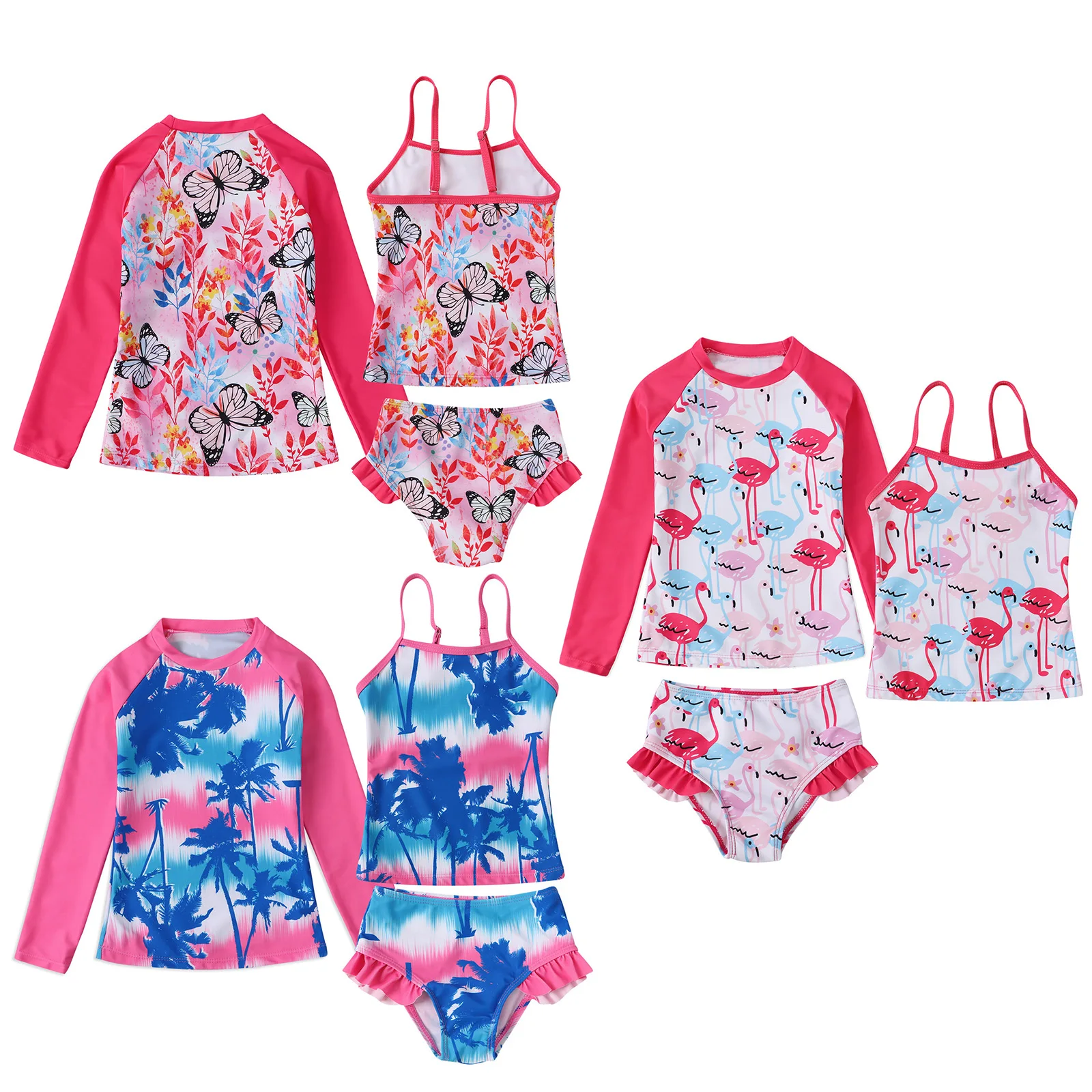 Kids Girls Foral Print Swimsuit Long Sleeve Swimming Top with Cami Vest Briefs Swimwear Summer Pool Beach Surfing Bathing Suit