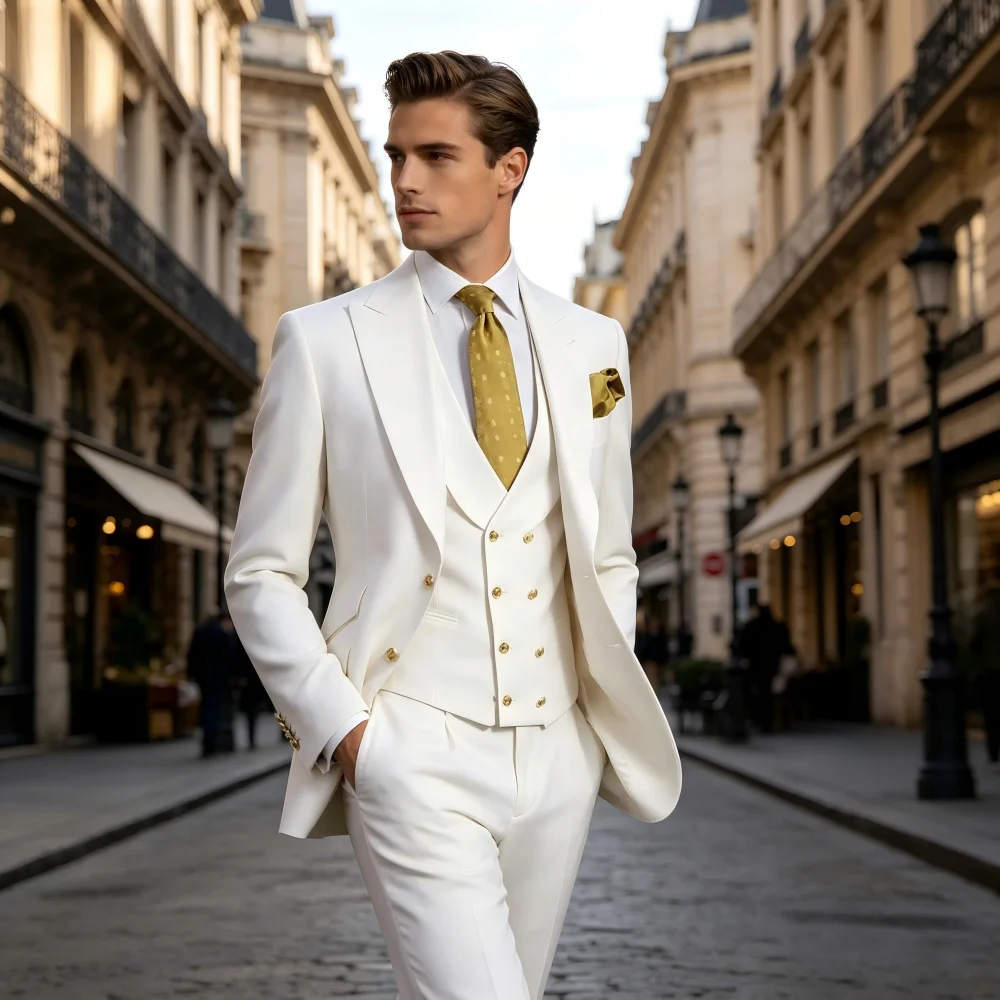 

Prom Suits for Men Slim Fit Groom Wedding Tuxedos Peak Lapel Business Formal Party Male Blazer Vest Pants 3 Piece Costume Homme